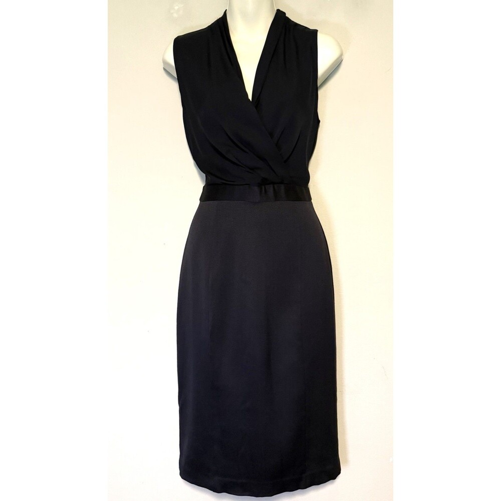 Classiques Entier Surplice Sheath Dress Sz 4 Silk Wool Navy Career Minimalist
